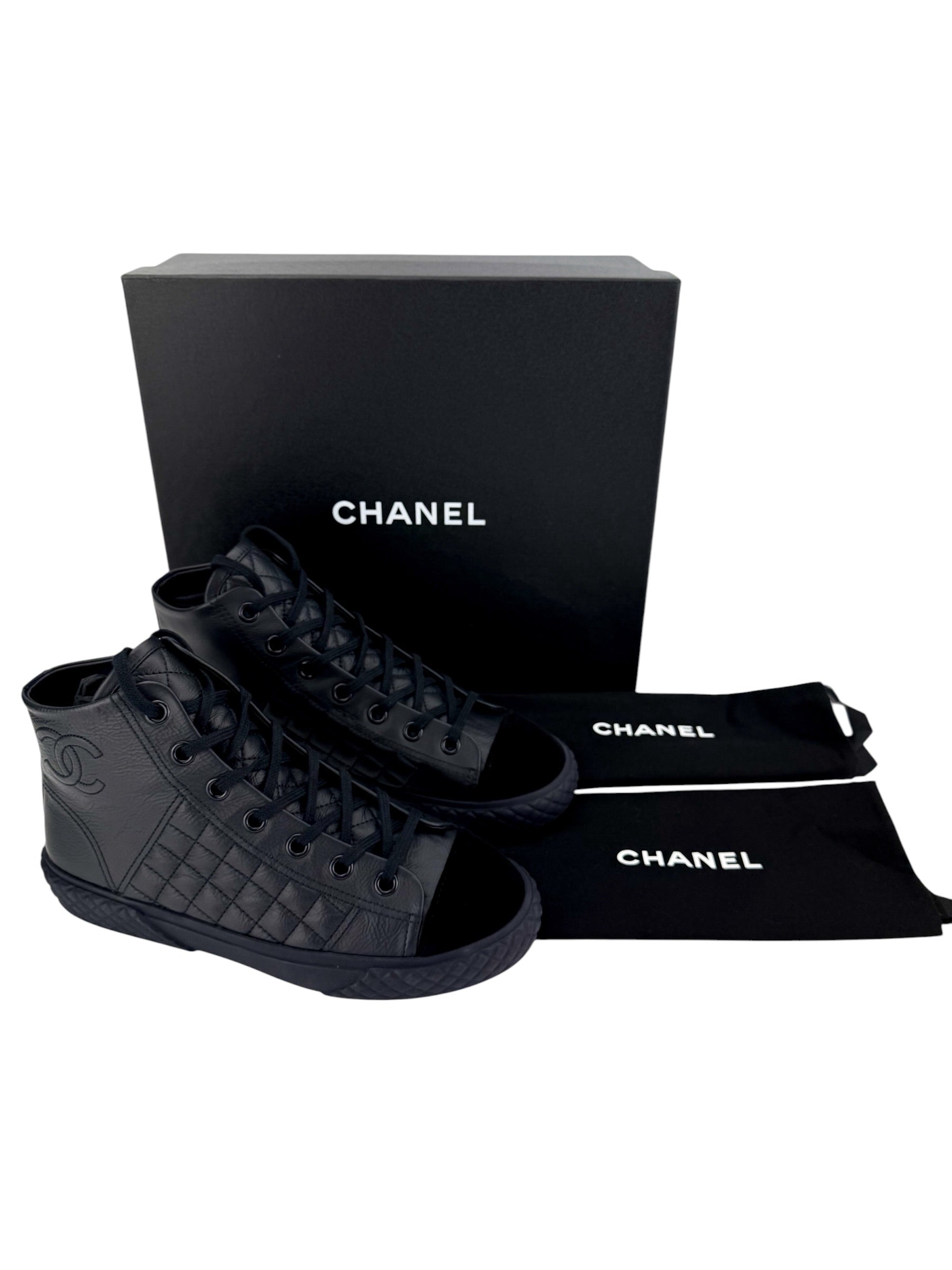Chanel Calfskin & Velvet High Top Sneaker Black and Navy Blue Size 38.5 (NIB)