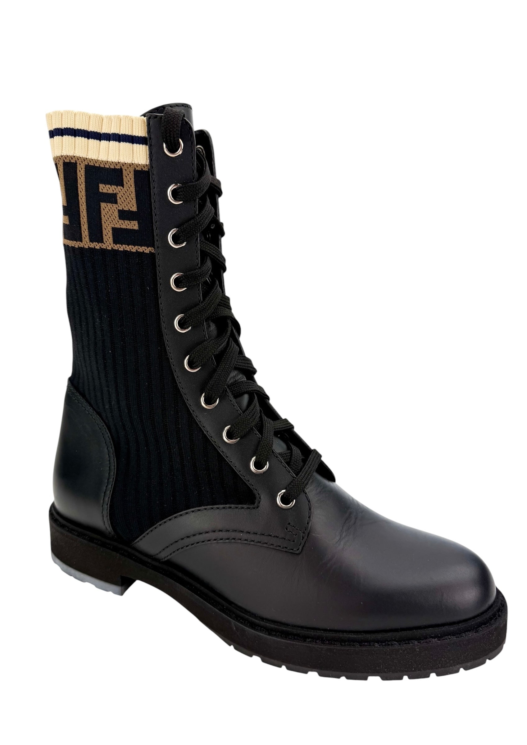 Fendi Rockoko Leather Combat Boot with FF Cuff Size 37.5 (NIB)
