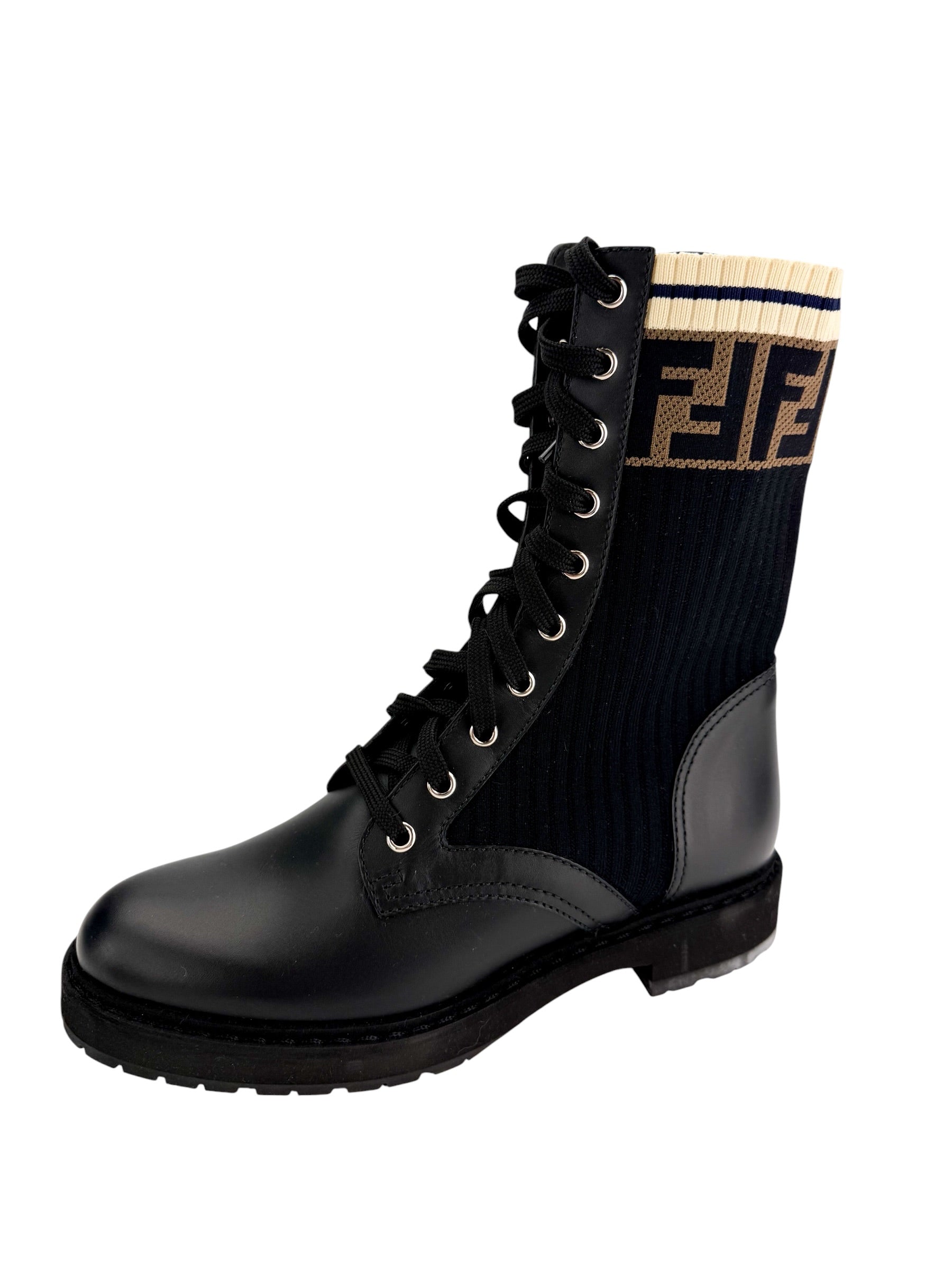 Fendi Rockoko Leather Combat Boot with FF Cuff Size 37.5 (NIB)