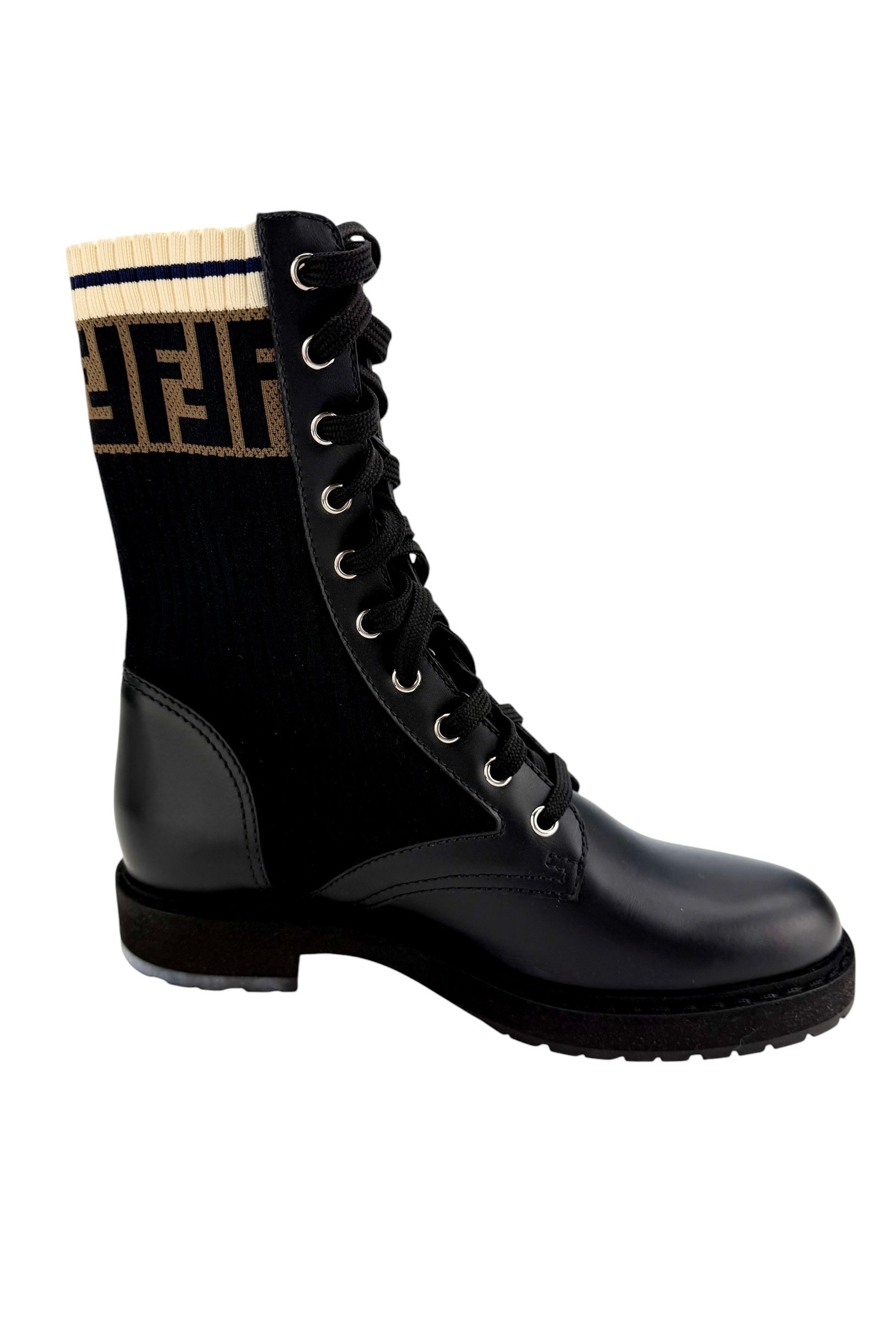Fendi Rockoko Leather Combat Boot with FF Cuff Size 37.5 (NIB)