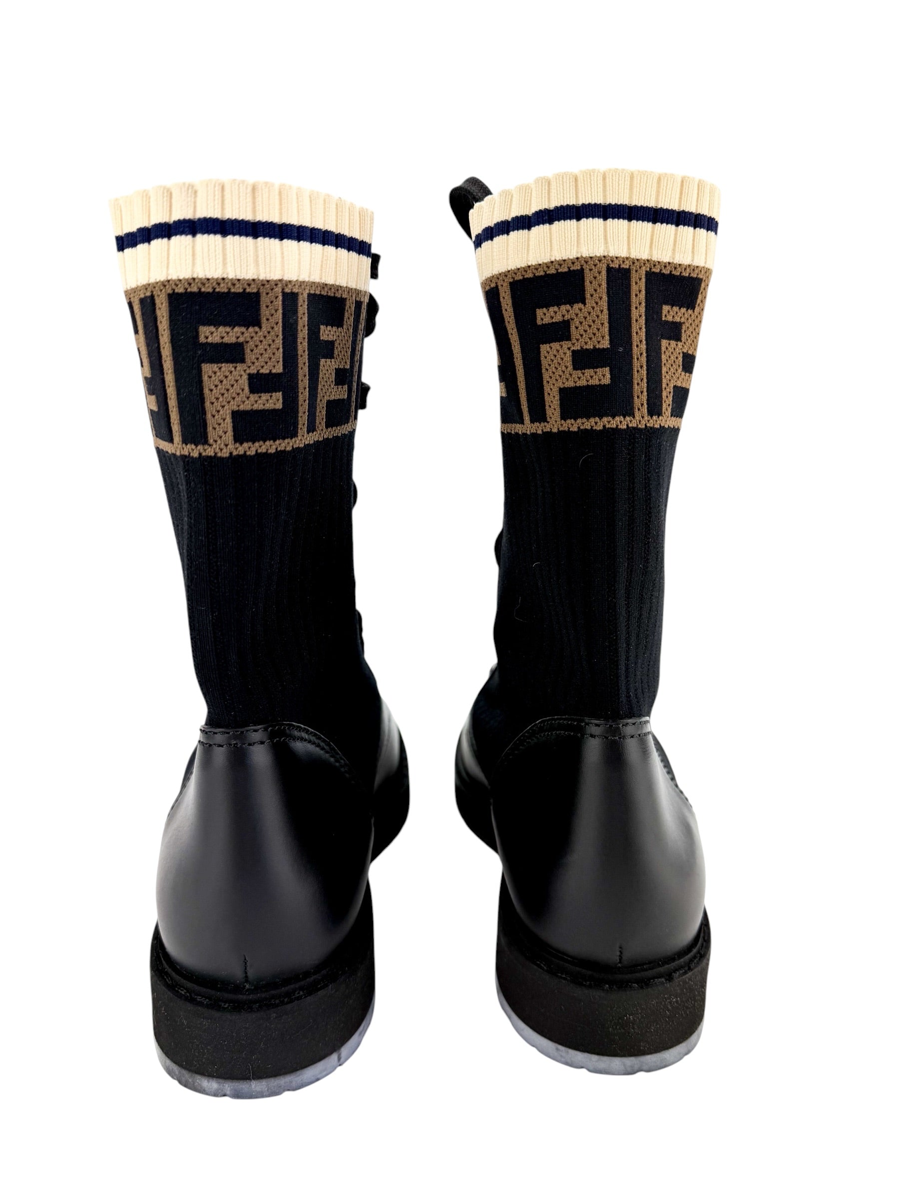 Fendi Rockoko Leather Combat Boot with FF Cuff Size 37.5 (NIB)