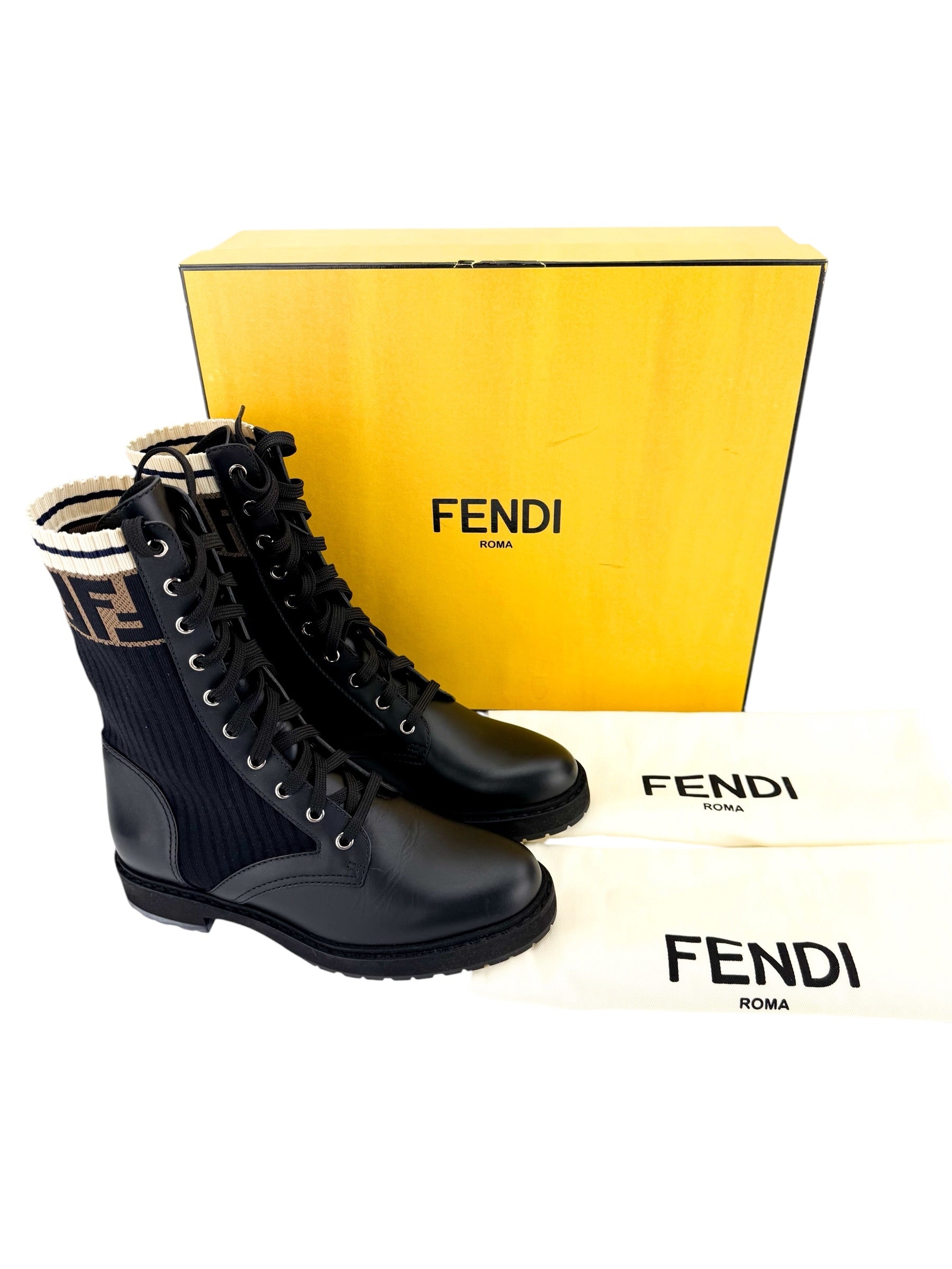 Fendi Rockoko Leather Combat Boot with FF Cuff Size 37.5 (NIB)