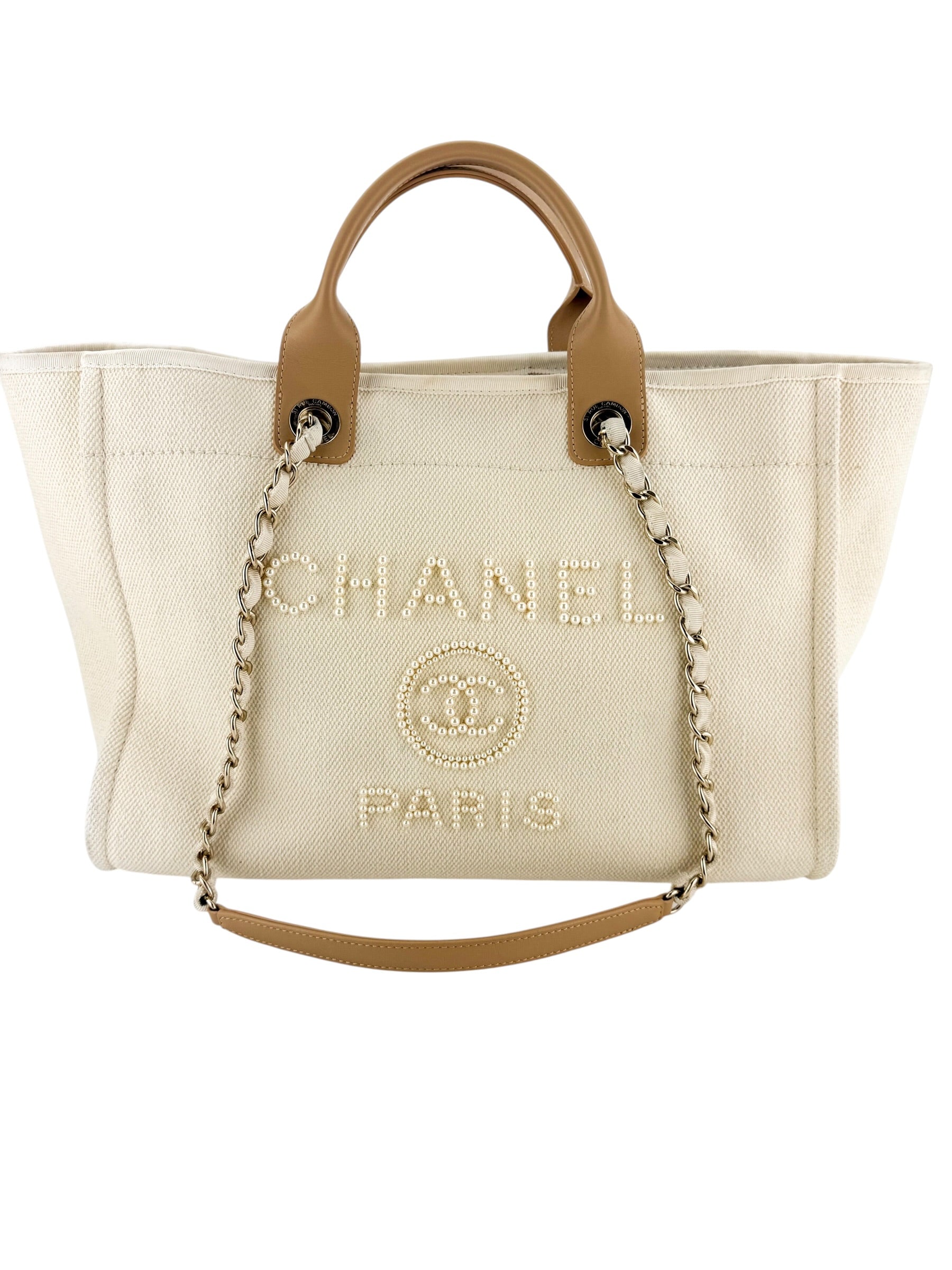 Chanel Canvas Pearl Large Deauville Tote Ecru Beige
