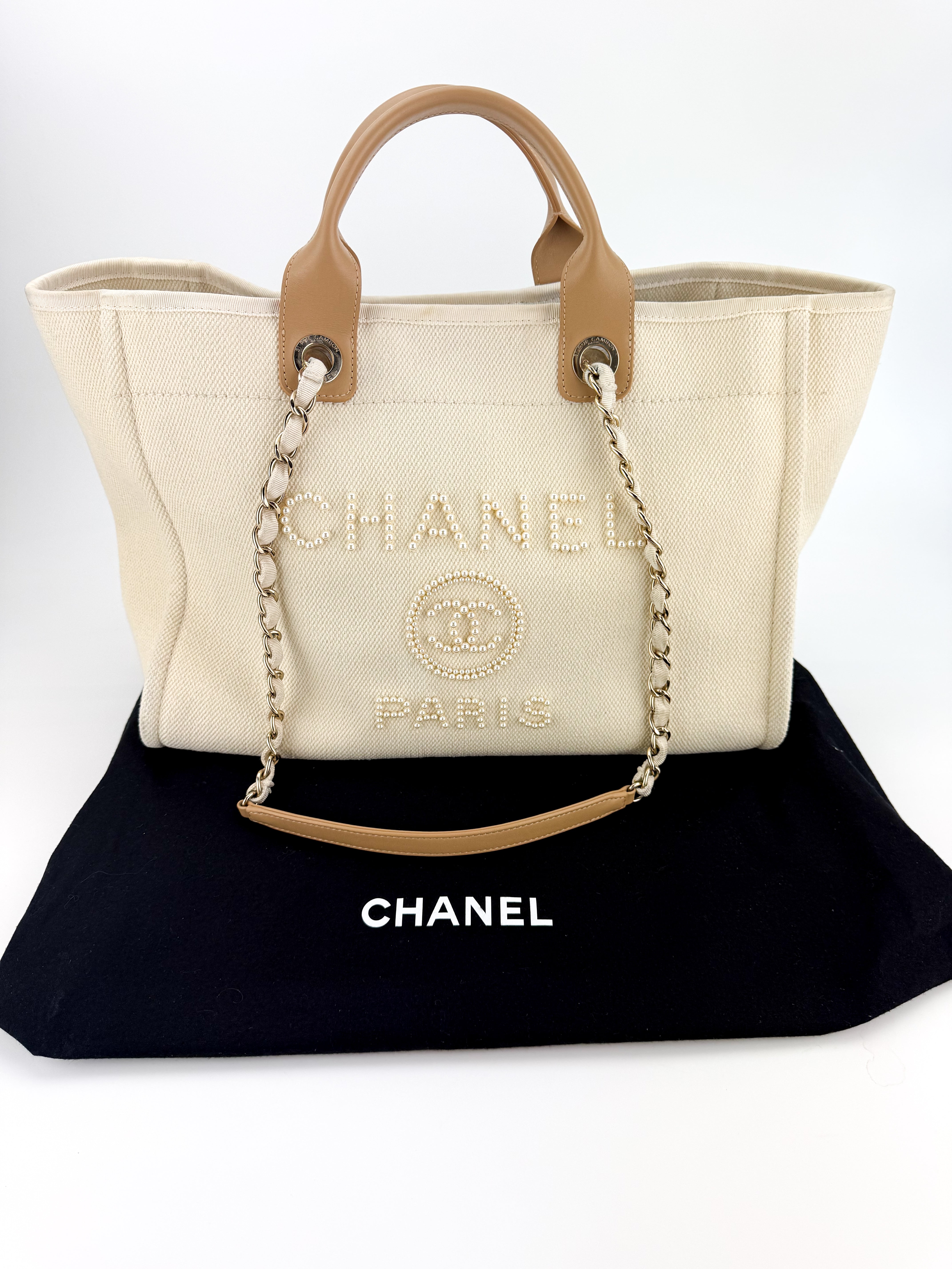 Chanel Canvas Pearl Large Deauville Tote Ecru Beige