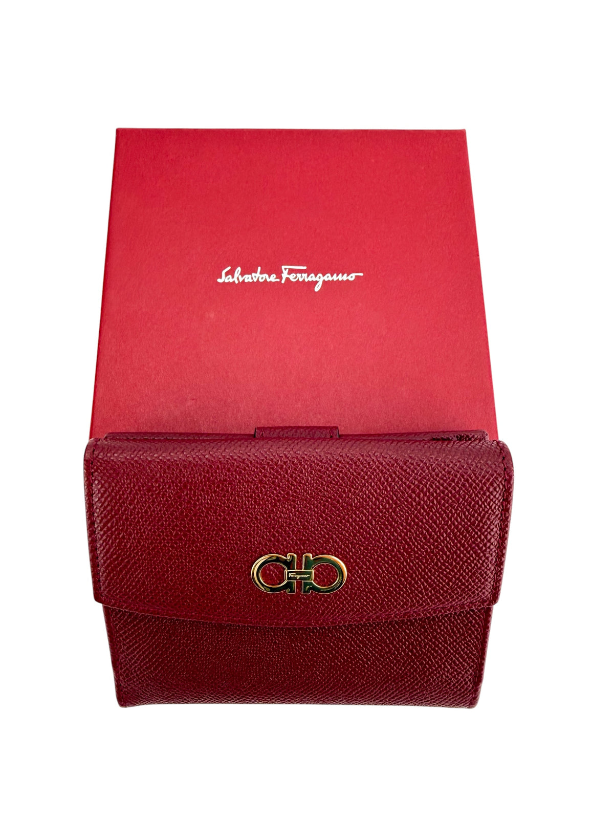 Ferragamo Gancini Compact Wallet Burgundy (NIB Full Set)