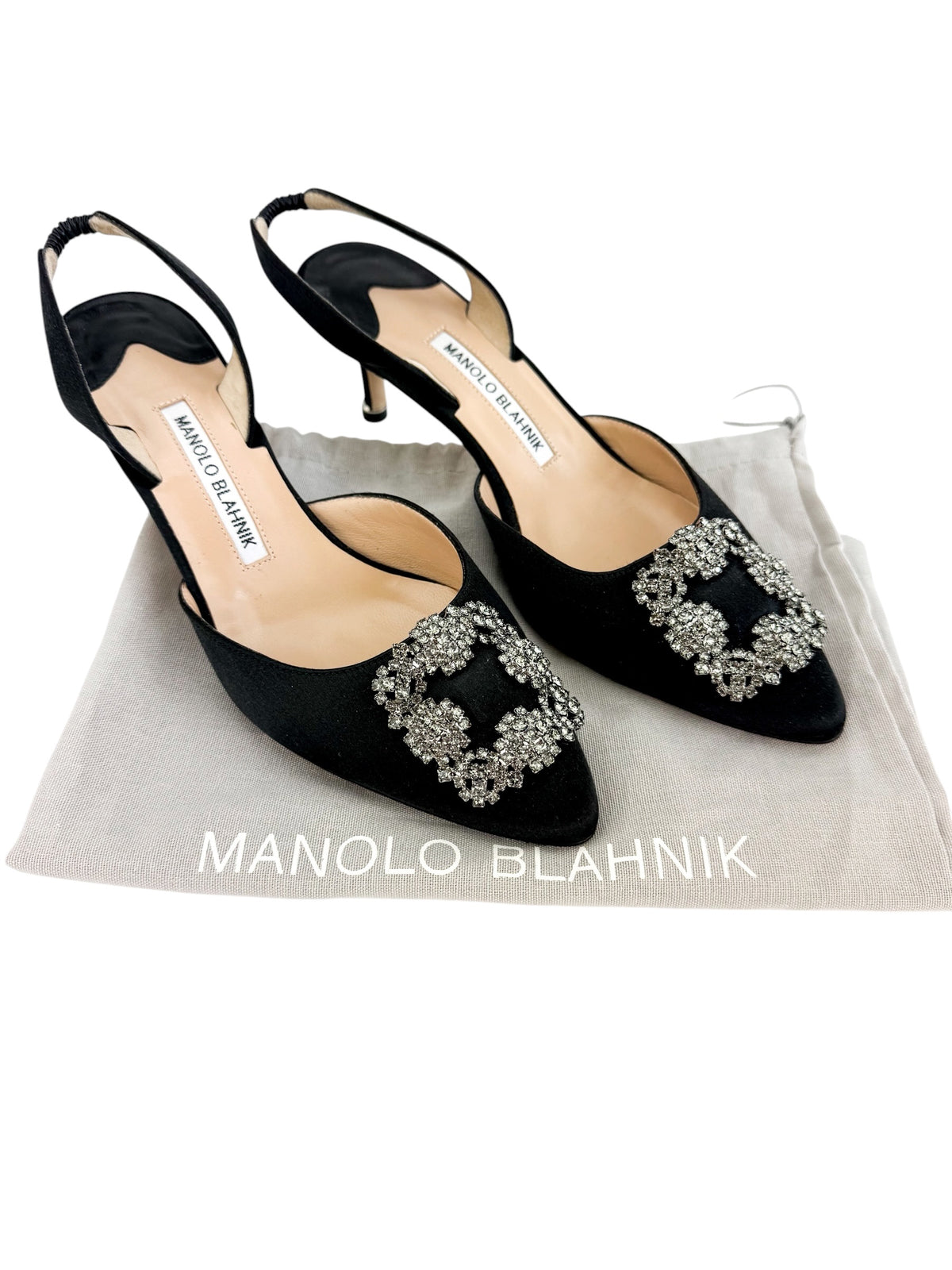 Manolo Blahnik Hangisli Black Satin Slingback Pumps Size 38