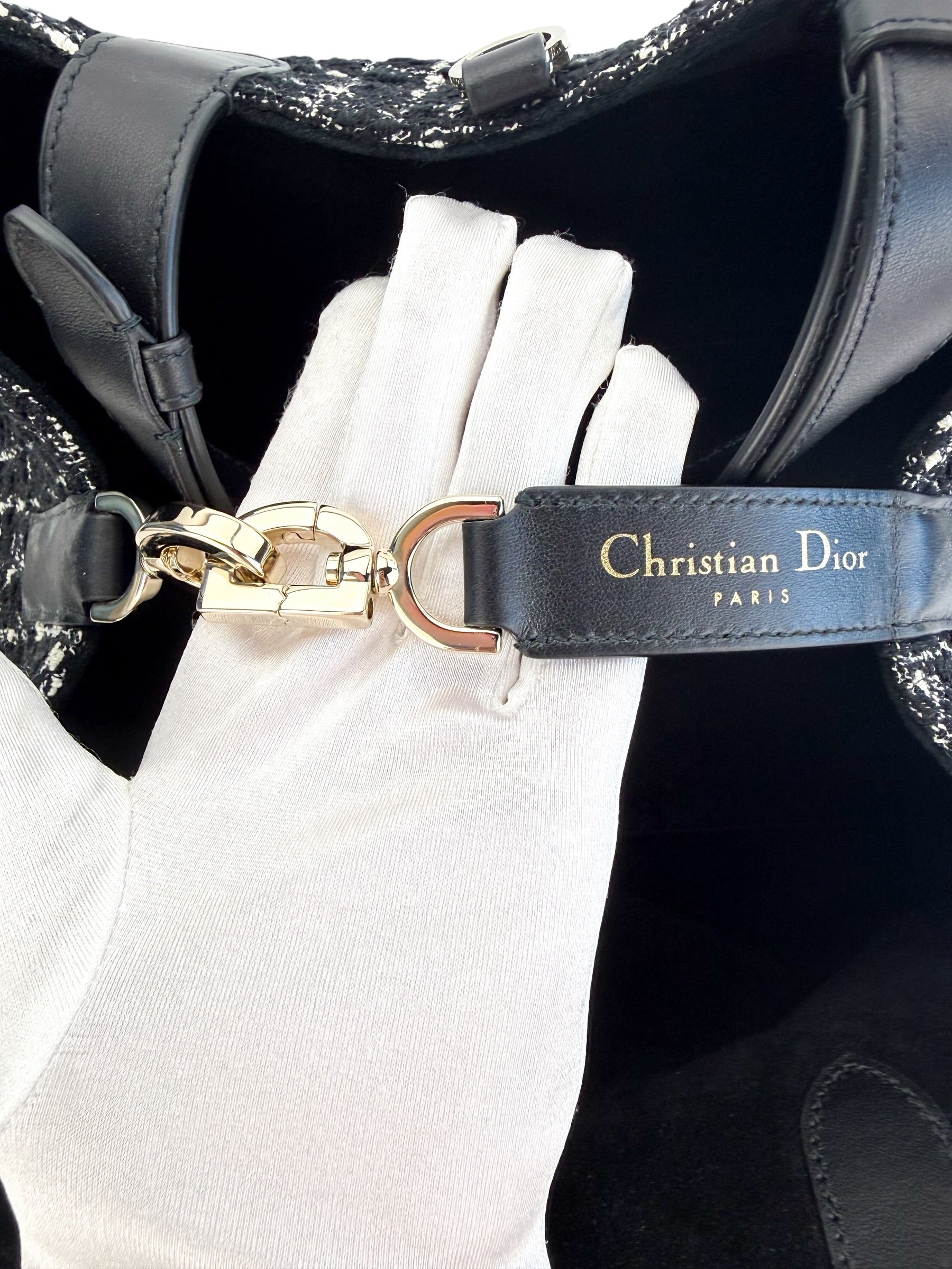 Christian Dior Tweed Cannage Medium Toujours Black White w/ Pouch (Full Set)