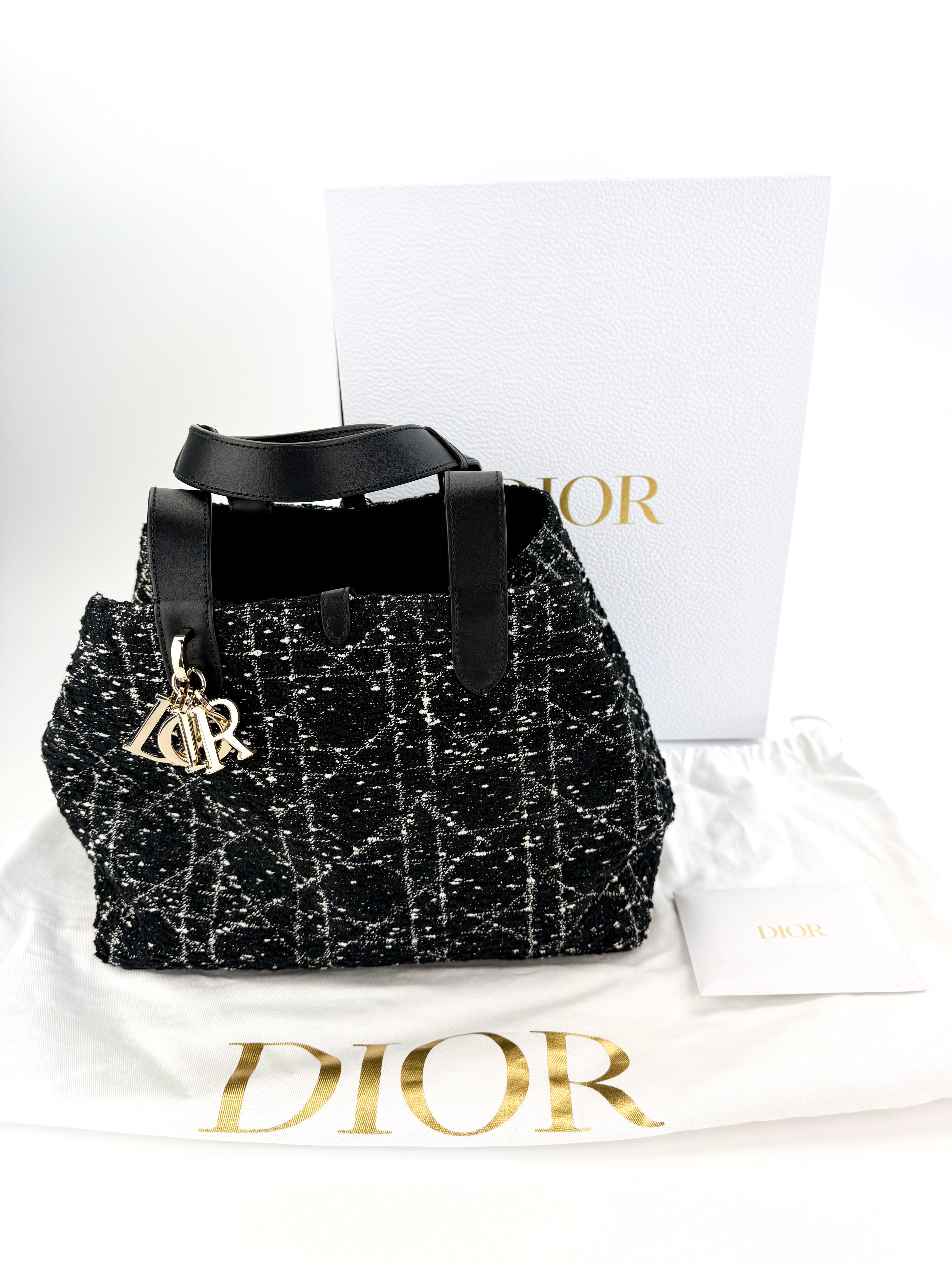 Christian Dior Tweed Cannage Medium Toujours Black White w/ Pouch (Full Set)