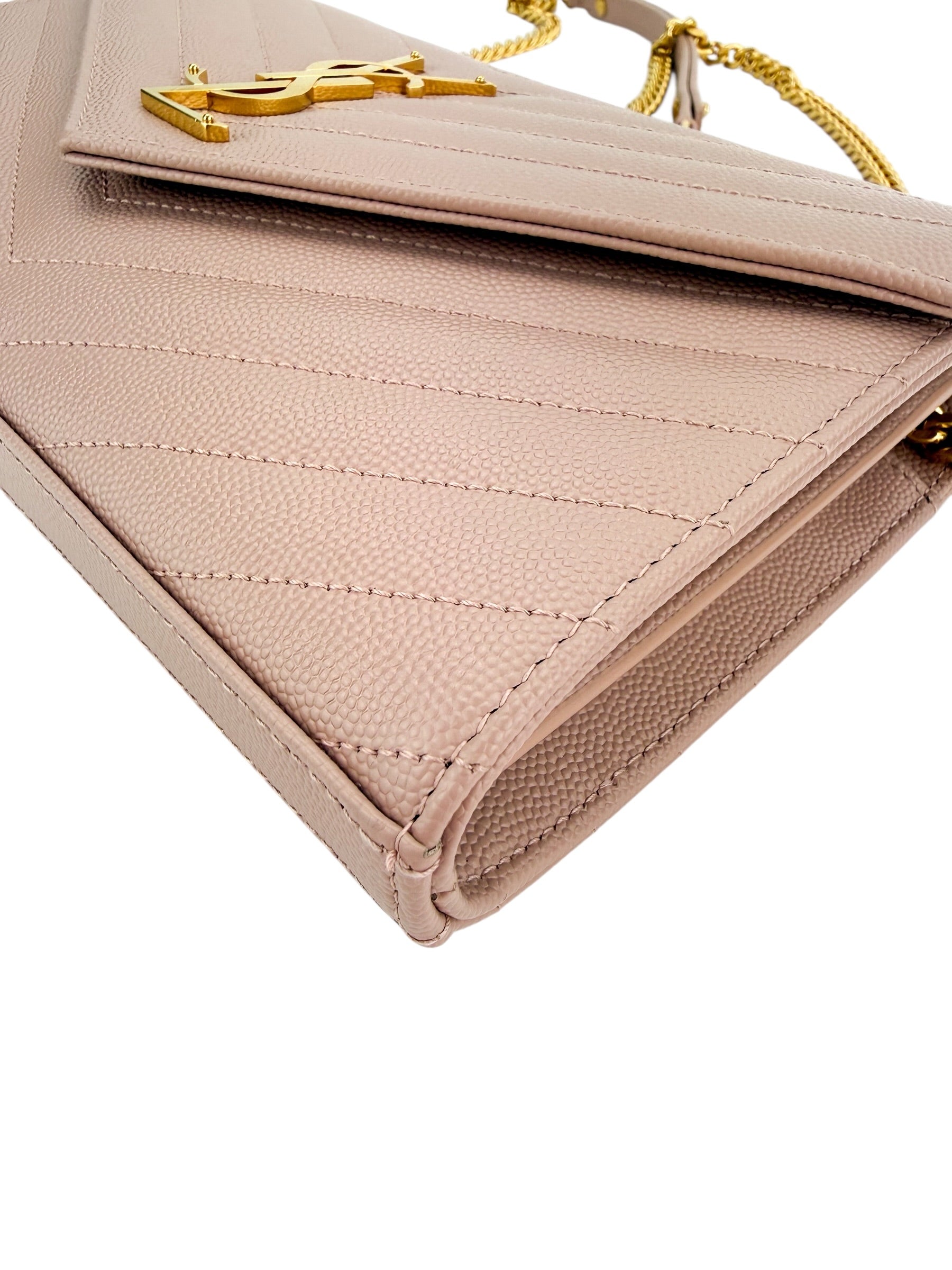 Saint Laurent Grain De Poudre Matelasse Chevron Envelope Wallet on Chain Beige (Full Set)