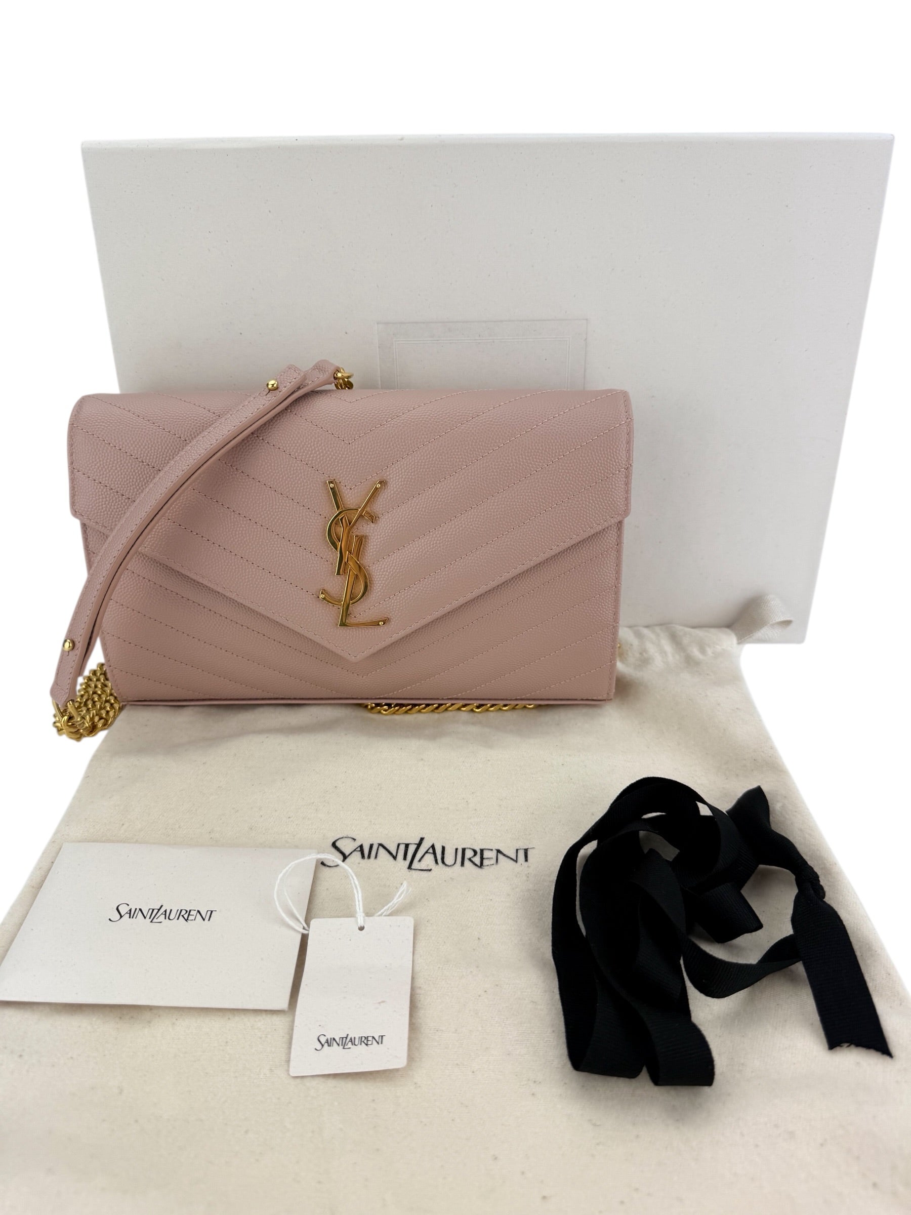 Saint Laurent Grain De Poudre Matelasse Chevron Envelope Wallet on Chain Beige (Full Set)