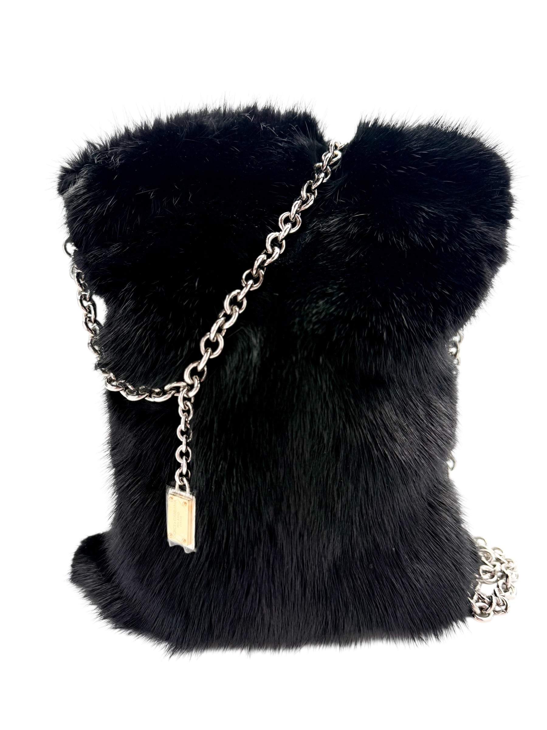 Dolce & Gabbana Black Faux Fur Silver Chain Crossbody Bag (NWT)