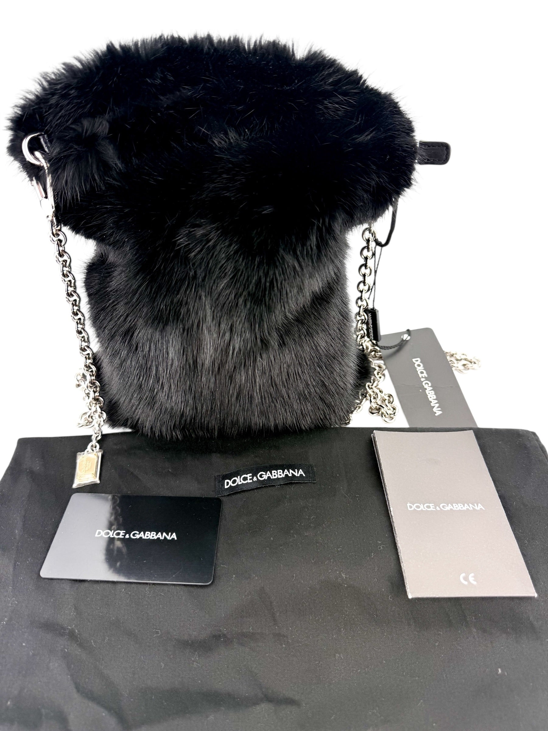 Dolce & Gabbana Black Faux Fur Silver Chain Crossbody Bag (NWT)