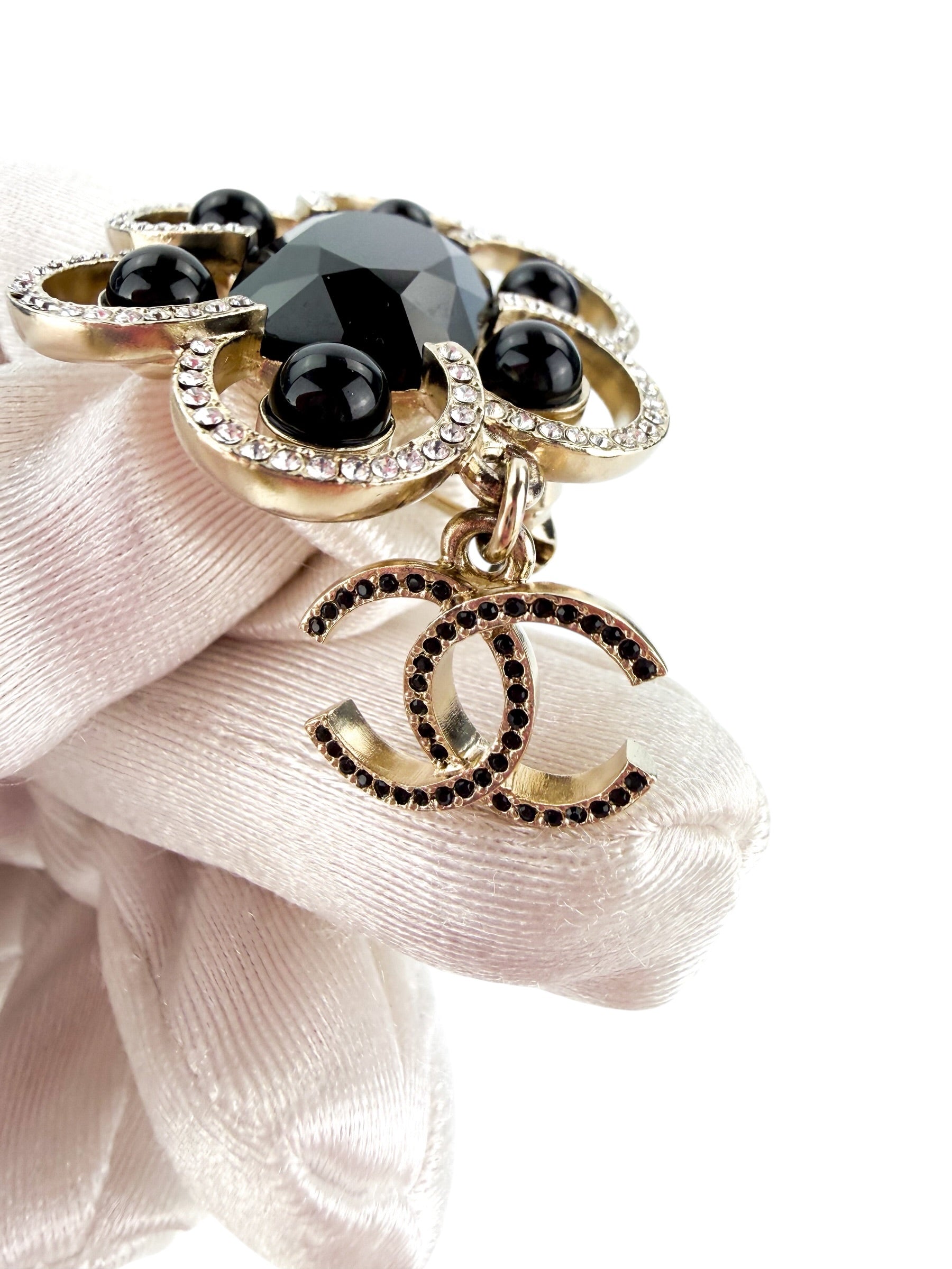 Chanel Crystal and Black Resin Brooch (Full Set)