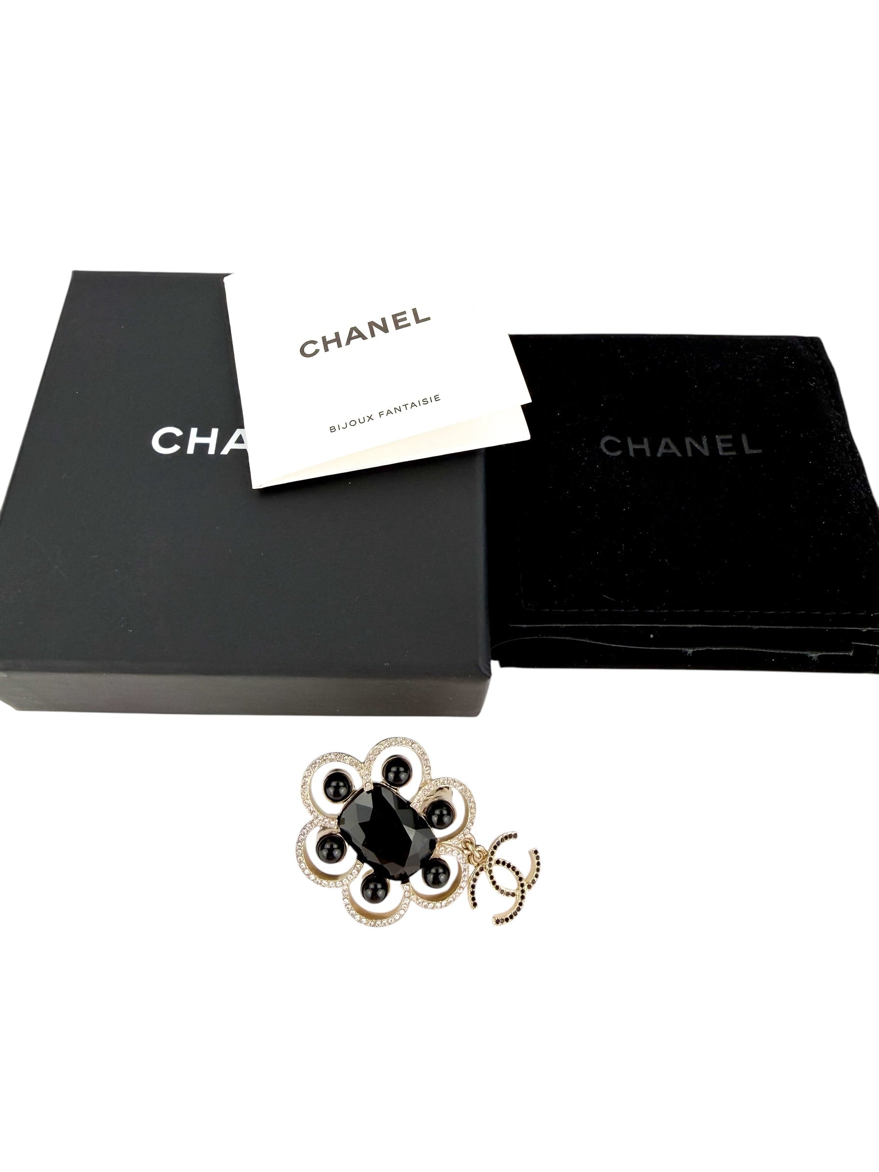 Chanel Crystal and Black Resin Brooch (Full Set)