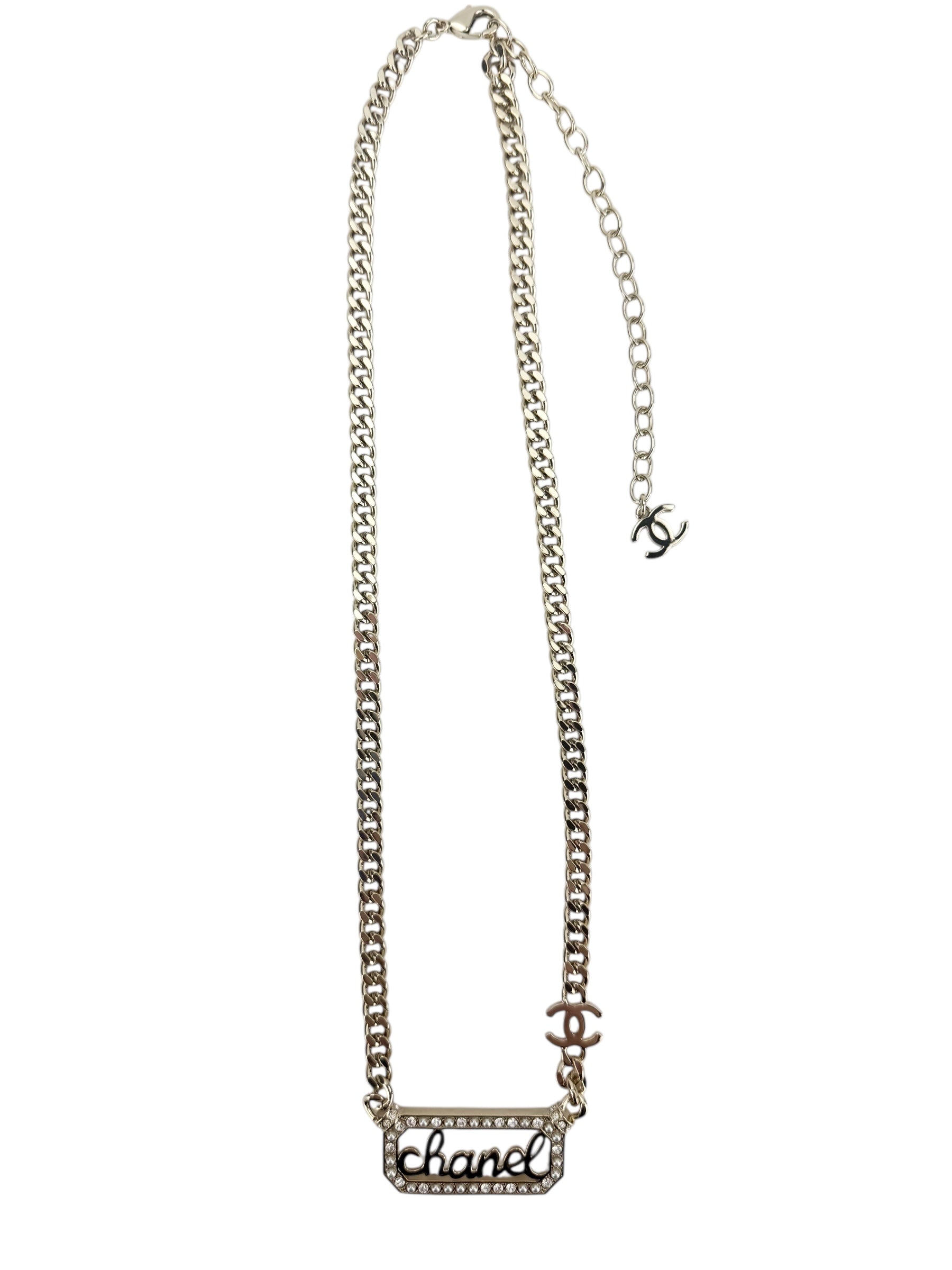 Chanel Crystal Pearl Nameplate Chain Necklace (Full Set)