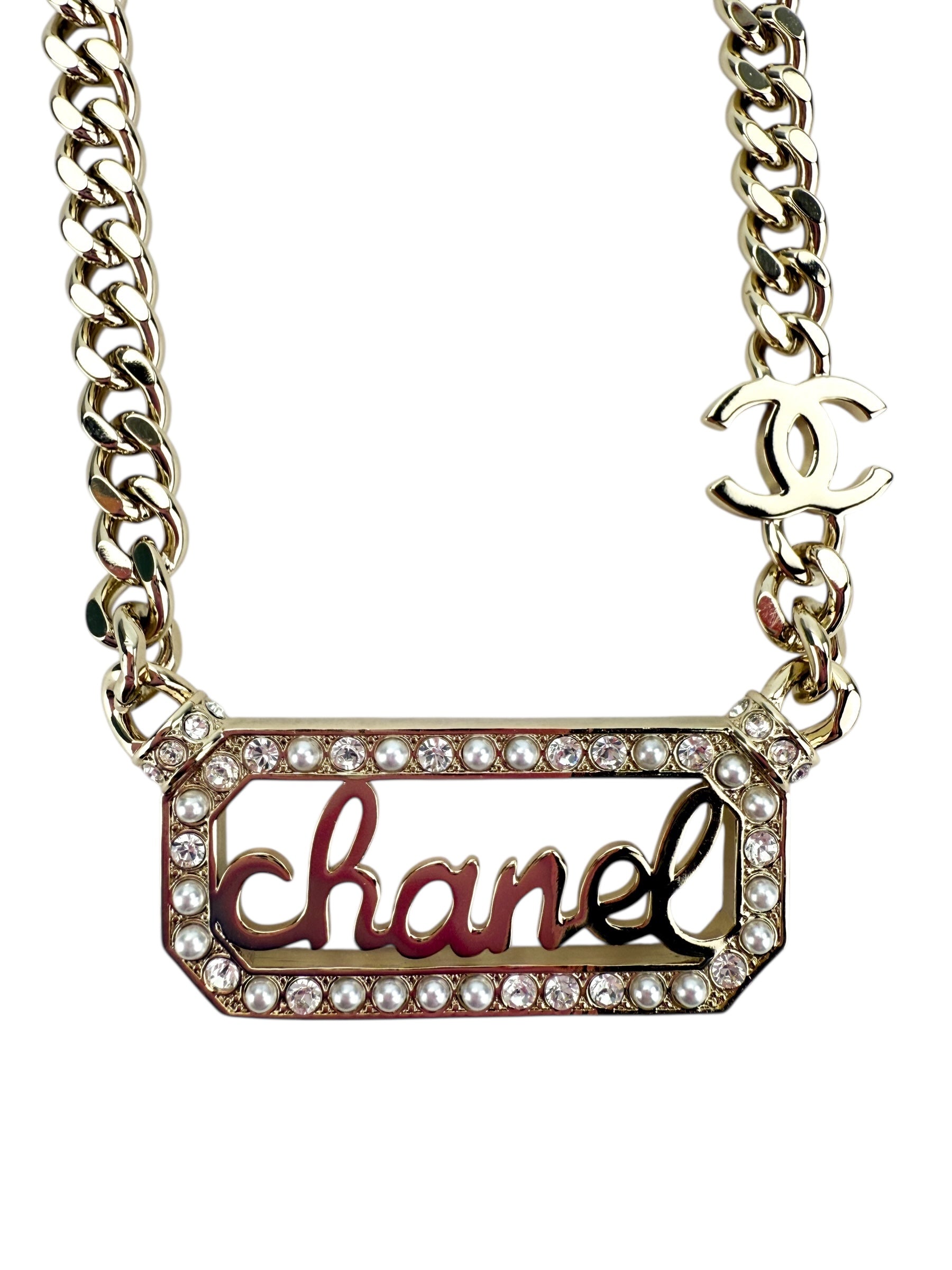 Chanel Crystal Pearl Nameplate Chain Necklace (Full Set)
