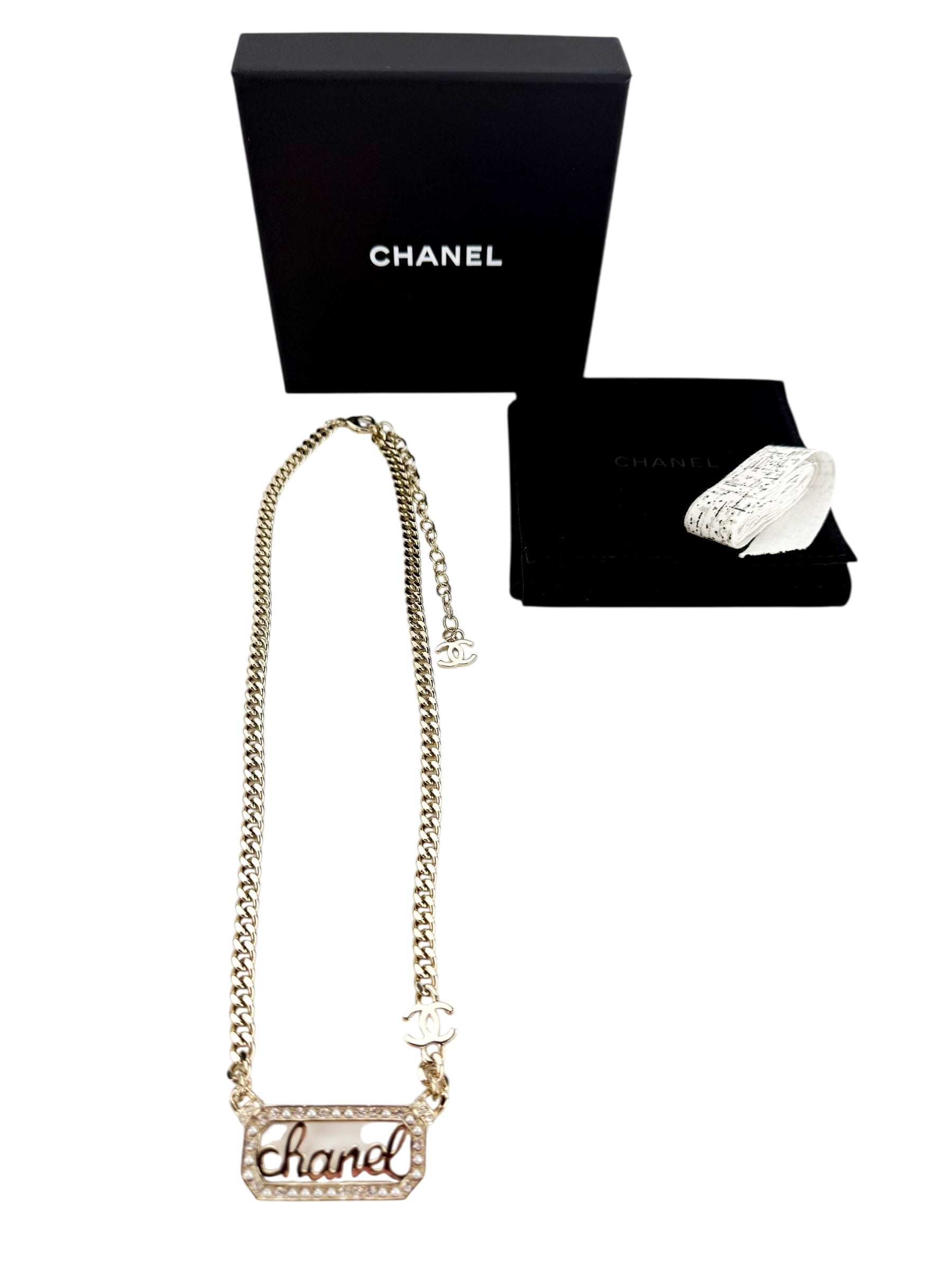Chanel Crystal Pearl Nameplate Chain Necklace (Full Set)