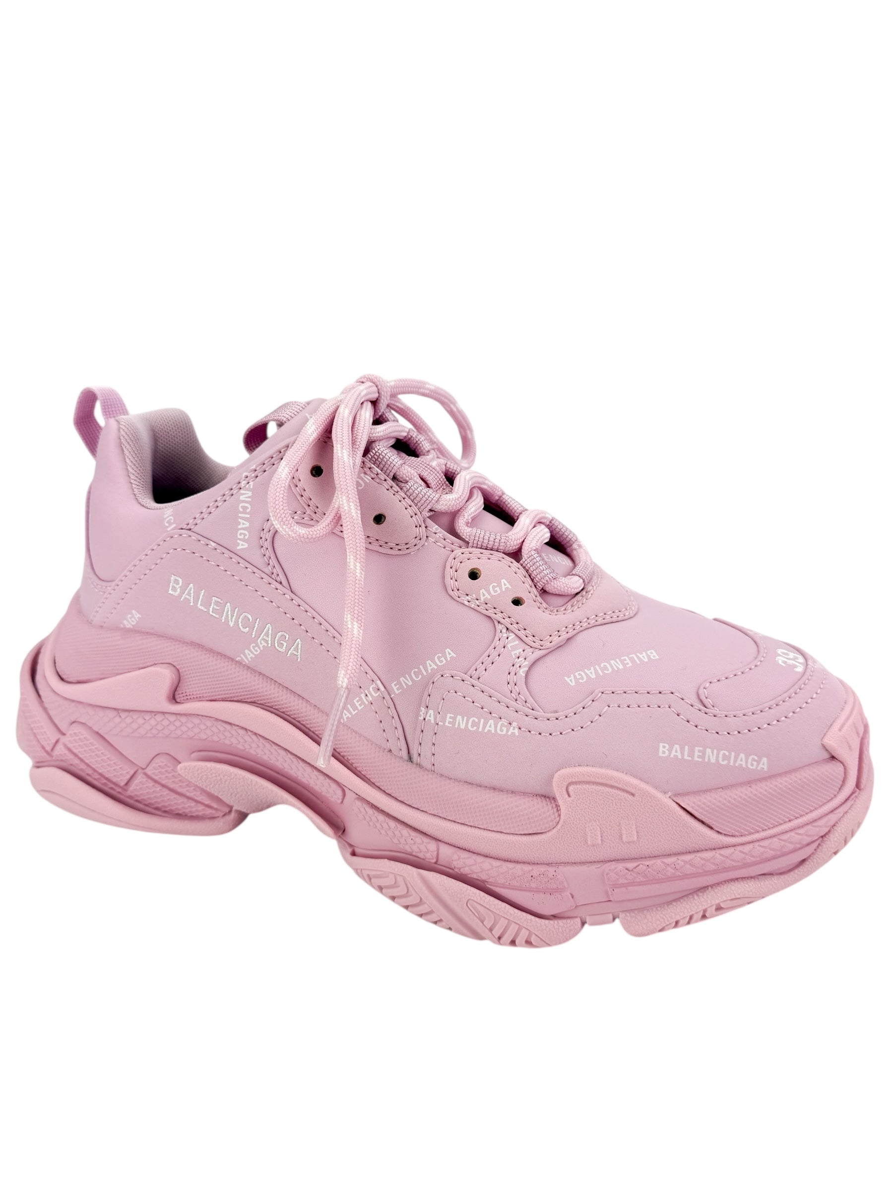 Balenciaga Leather All Over Logo Triple S Sneakers Size 39 Pink
