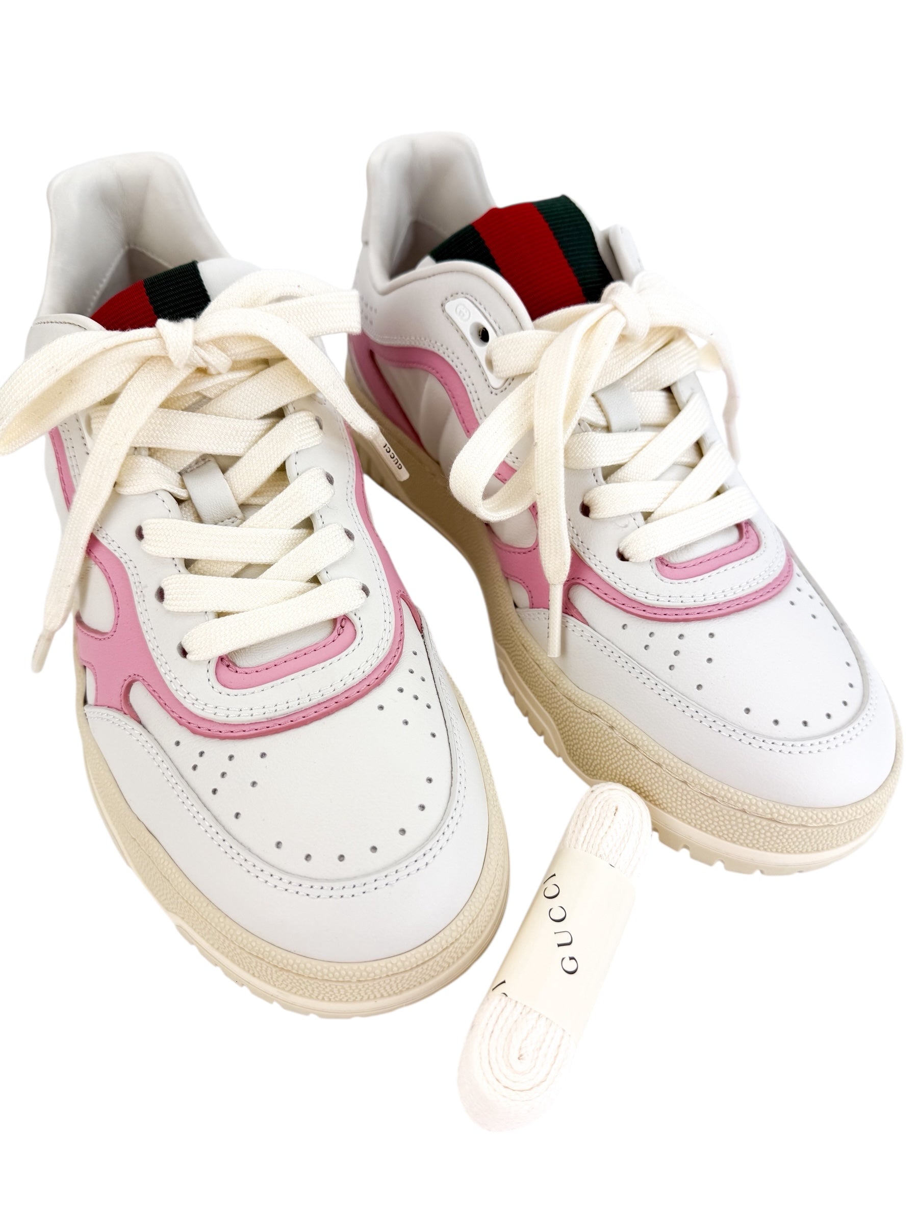 Gucci Calfskin Womens Re-Web Sneakers Size 37.5 White Pink
