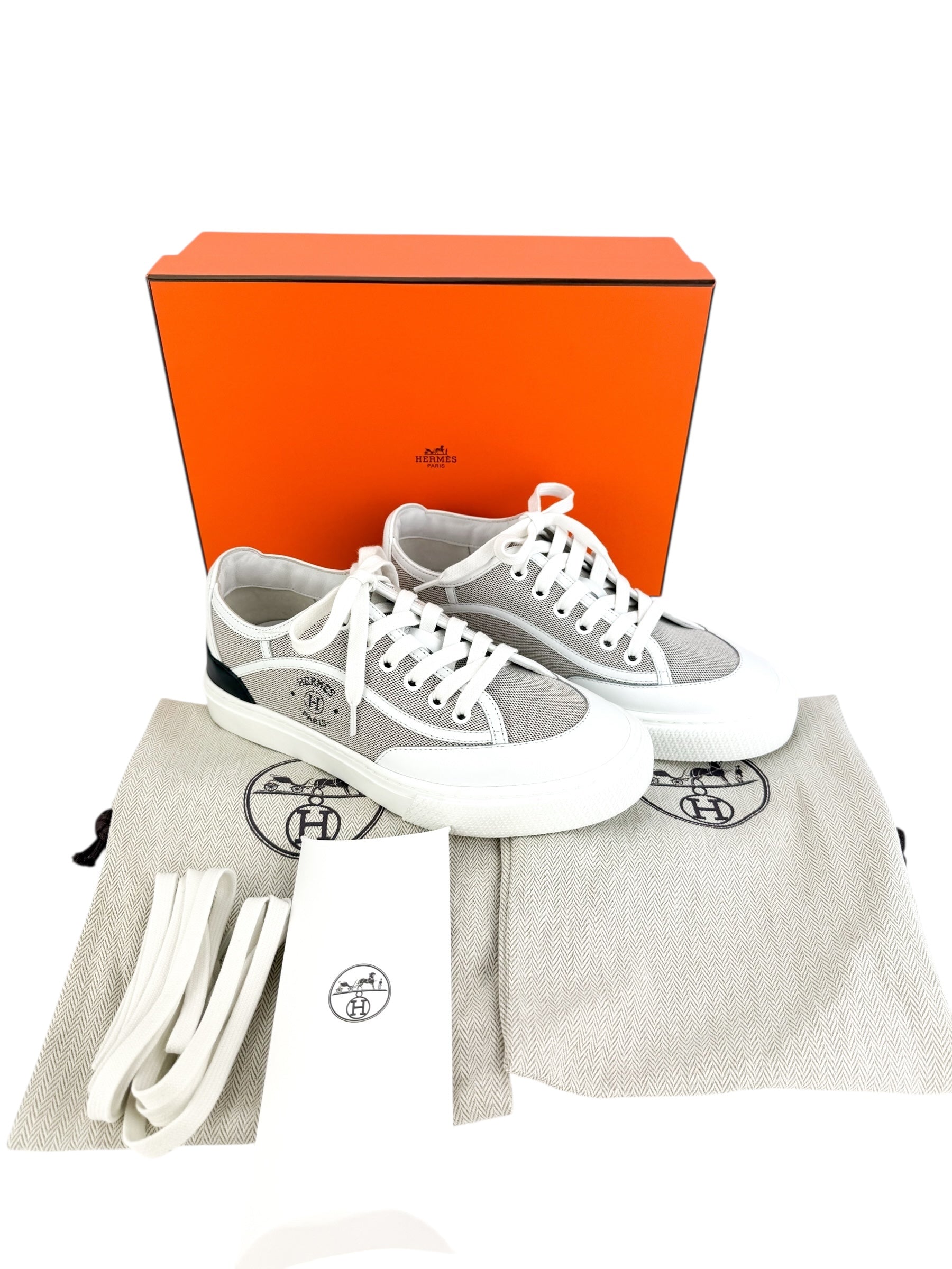 Hermes Canvas Calfskin Get Sneakers Prunoir White Size 37 (Full Set)