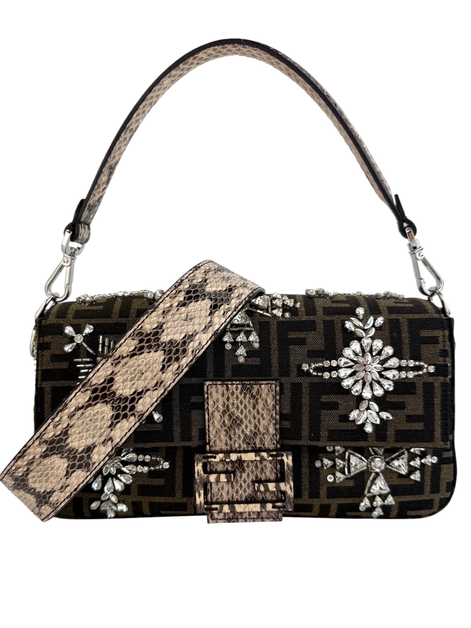 Fendi Re-Edition Zucca Canvas Crystal Embellished Baguette (Full Set)